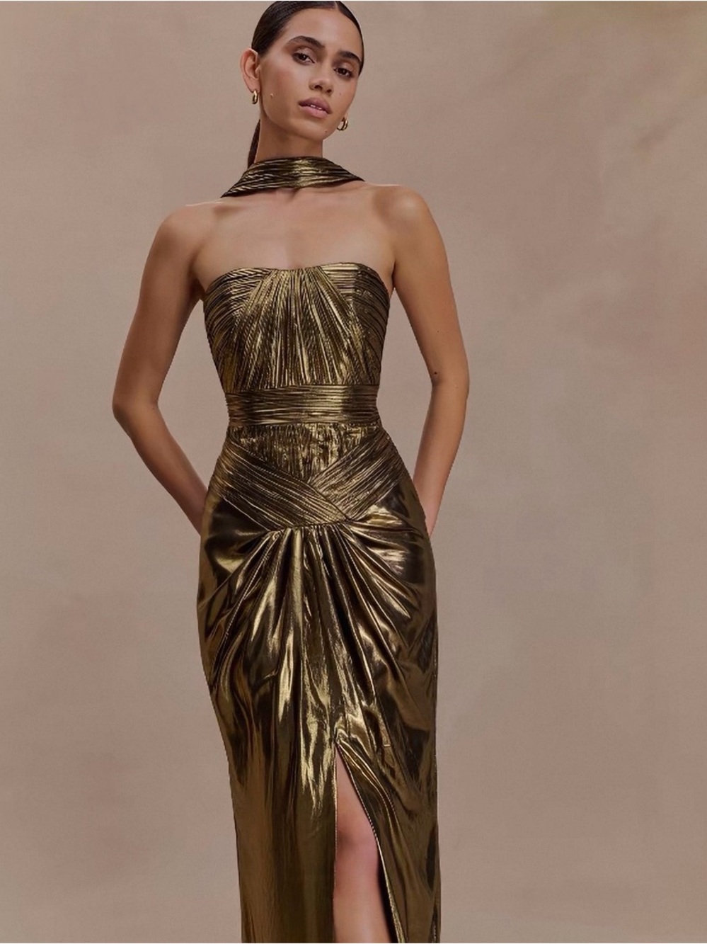 Meshki Metallic Gold Clemence
Plisse Maxi Dress